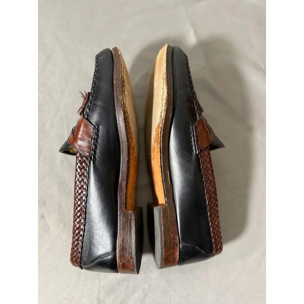 Allen Edmonds Tassel Loafers Black Leather‎ Brown Woven Trim Mens Size 9.5 D